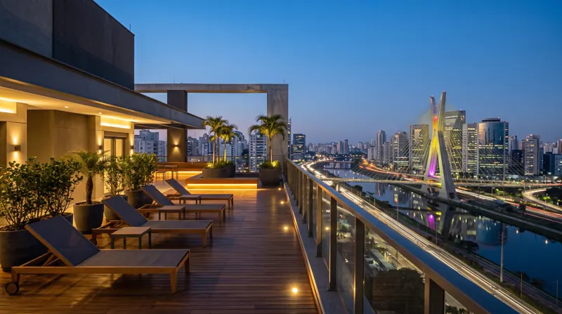 Rooftop com deque de madeira, espreguiçadeiras e vista para a Ponte Estaiada ao anoitecer