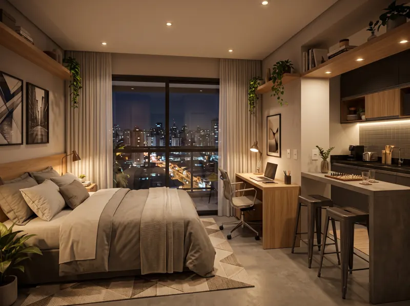 Unidade decorada à noite com vista para os prédios iluminados